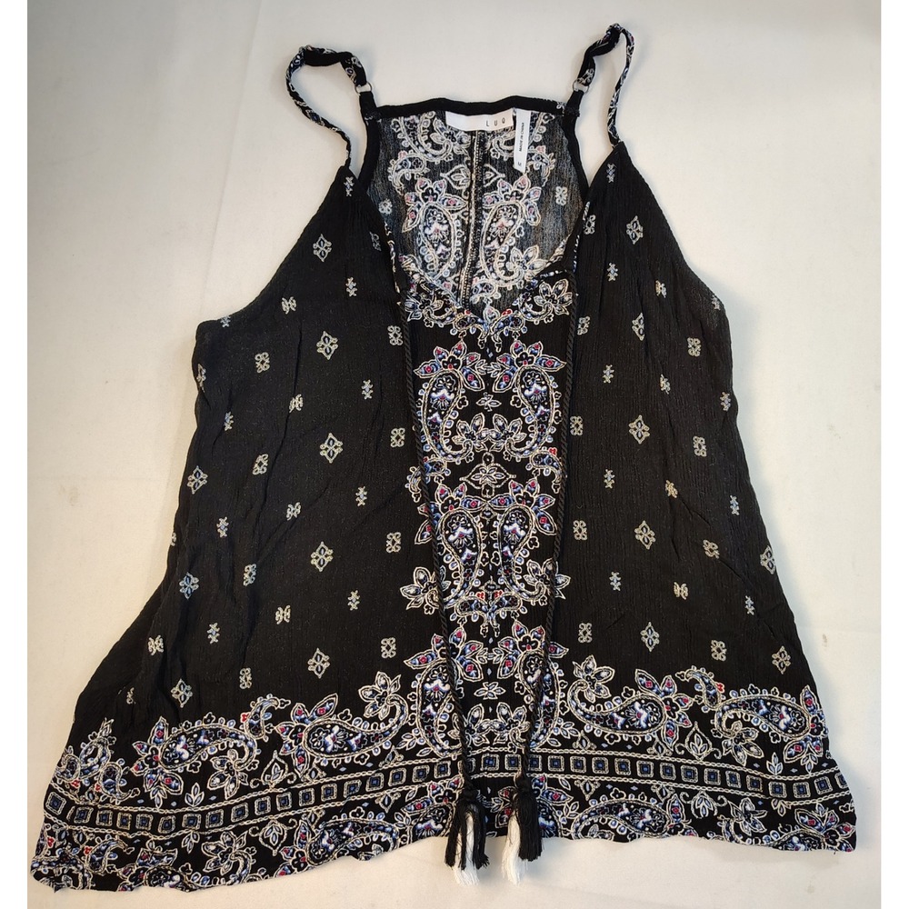LUQ Black Paisley Medallion Tassel Cami Tank Top Boho Festival Beach V-Neck Med
